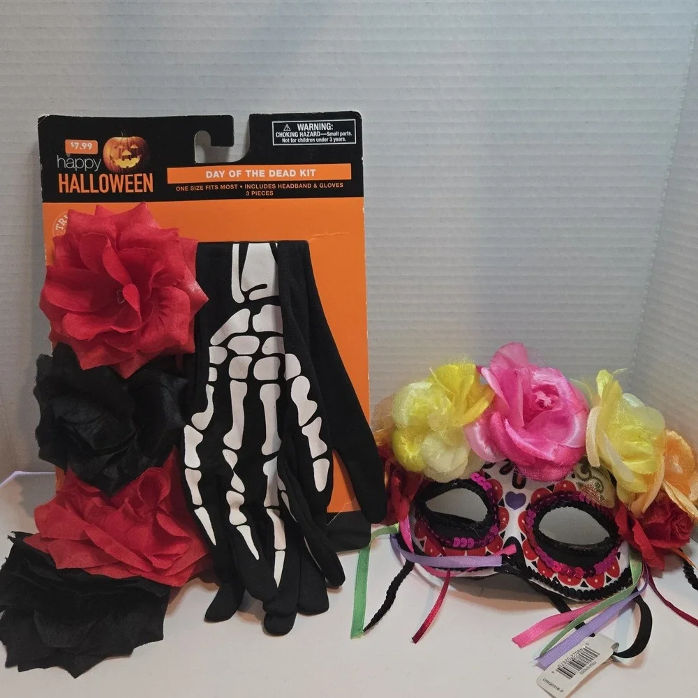 Day Of The Dead Halloween Set Light Up Headband, Gloves Glow in‎ The Dark W/MASK